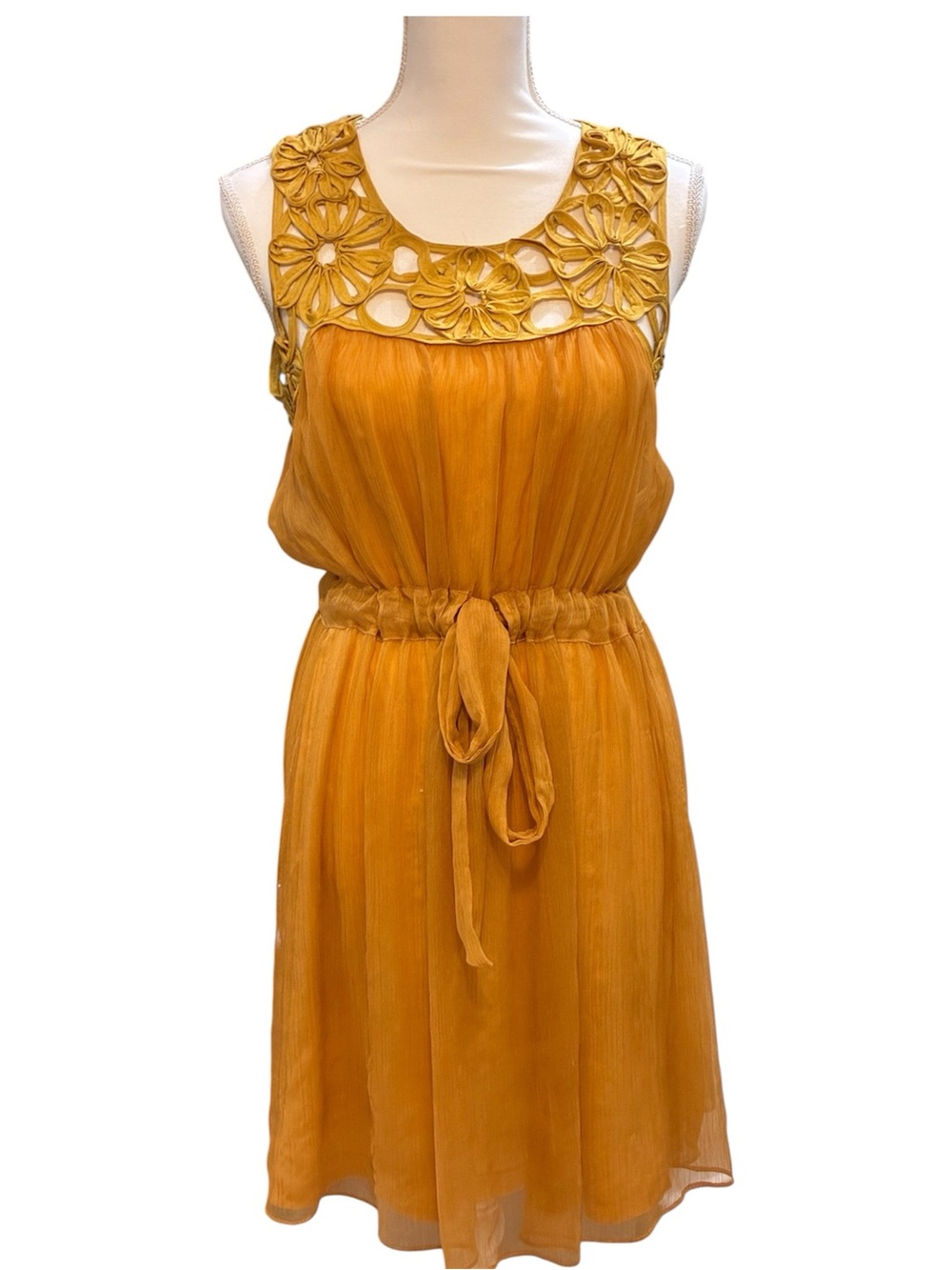 Anthropologie‎ x C Luce Mustard Floral Yoke Cutout Mini Dress Retro Boho Size L